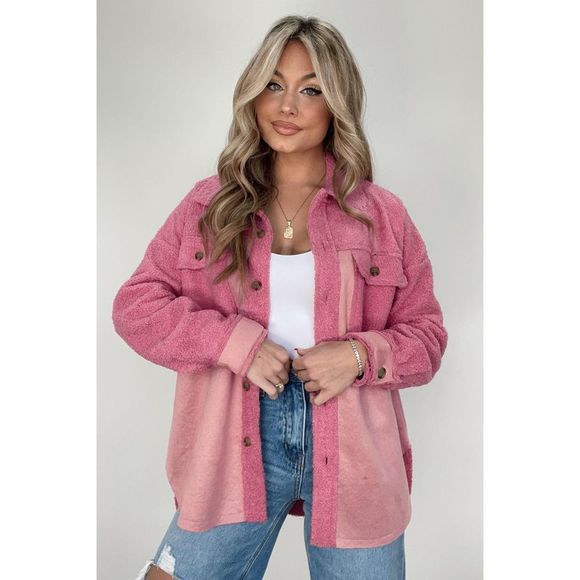 Azura Exchange  Pink Colorblock Buttoned Flap Pocket Sherpa Shacket - Picture 8 of 8